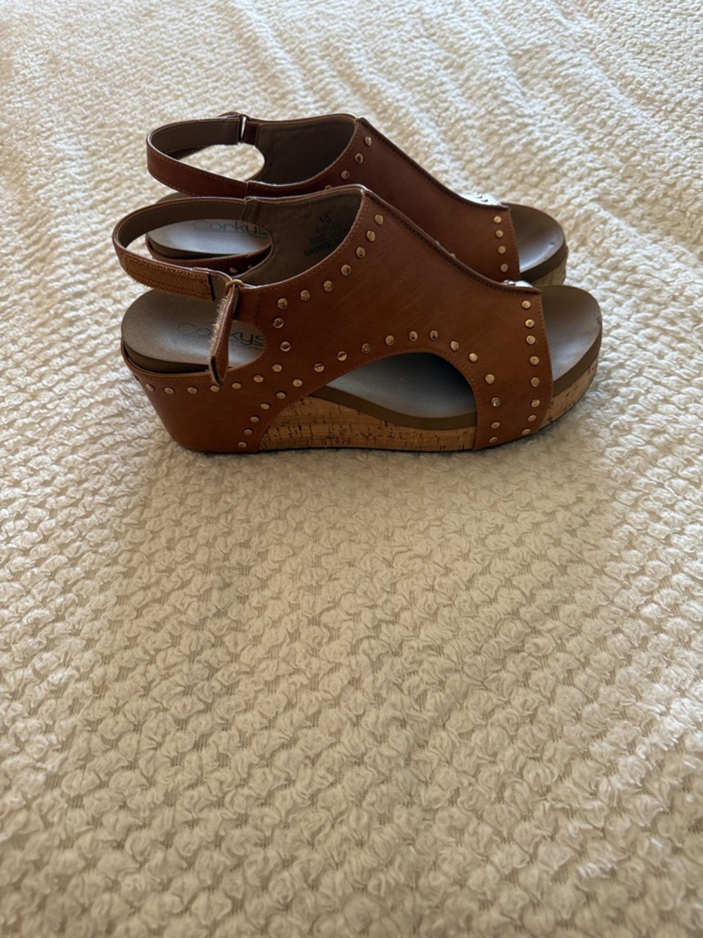 Corkys Tan Brown Studded Cork Wedge Sandals